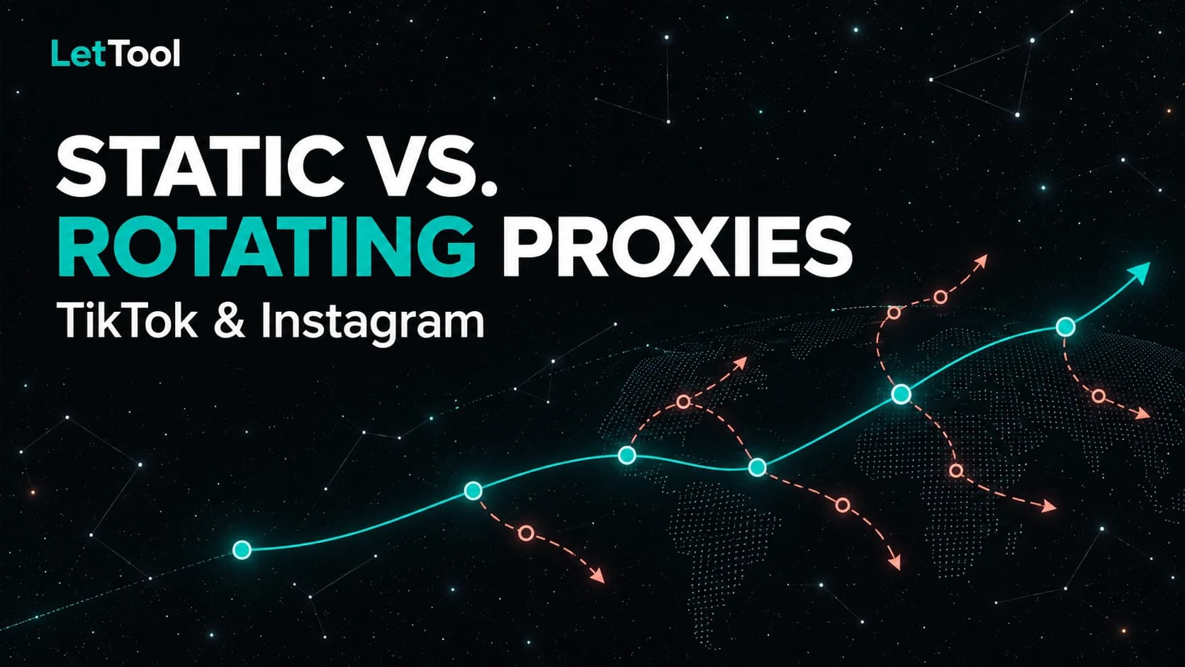 Static vs. Rotating Proxies for TikTok and Instagram, with teal and coral network paths on a starry background.